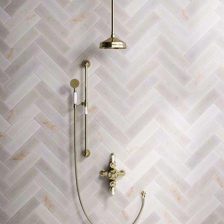 Calder Dual Outlet Shower Kit - Semi-Exposed Valve - 8 inch Rose - White Ceramic Lever - Handshower Slider-Rail - Ceiling Mounted Rose - Timeless Brass