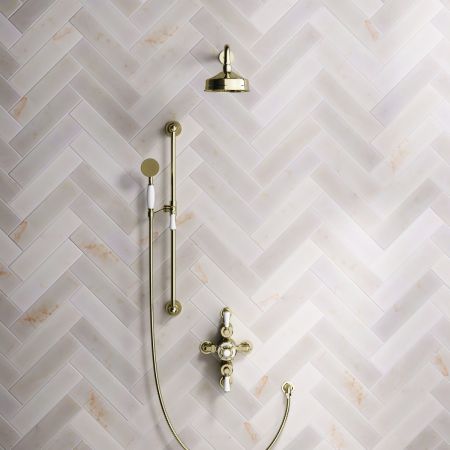 Calder Dual Outlet Shower Kit - Semi-Exposed Valve - 6 inch Rose - 500mm Shower Arm - White Ceramic Lever - Handshower Slider-Rail - Timeless Brass
