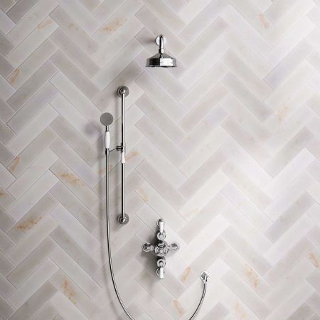 Linton Dual Outlet Semi Exposed Shower with Slider Rail, 300mm Wall Arm, 6" Rose & White Levers in Chrome