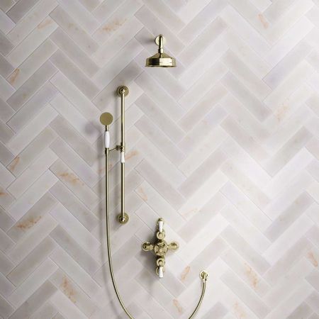 Calder Dual Outlet Shower Kit - Semi-Exposed Valve - 6 inch Rose - White Ceramic Lever - Handshower Slider-Rail - Timeless Brass