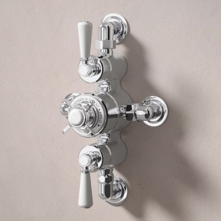 Linton Classic Dual Outlet Semi Exposed Shower with Handshower Hook, 210mm Ceiling Arm & 8" Rose - White Lever - Chrome