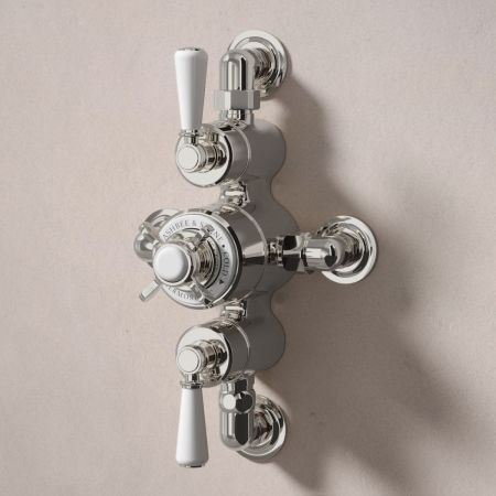 Linton Classic Dual Outlet Semi Exposed Shower with Handheld Shower Hook, 500mm Wall Arm & 6" Rose - White Lever - Polished Nickel