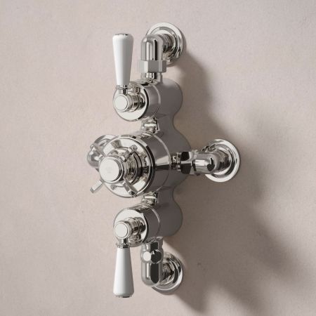 Linton Dual Outlet Semi Exposed Shower with Handshower Hook, 500mm Wall Arm & 6" Rose - White Lever - Polished Nickel