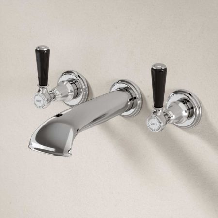 Linton - 3-Hole Bath Filler - Wall Mounted - Black Lever - Chrome