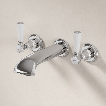 Linton Classic 3 Hole Bath Filler with White Levers in Chrome