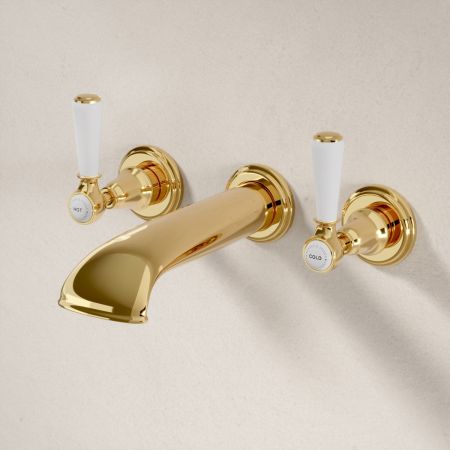 Linton Classic 3 Hole Bath Filler with White Levers in Living Brass