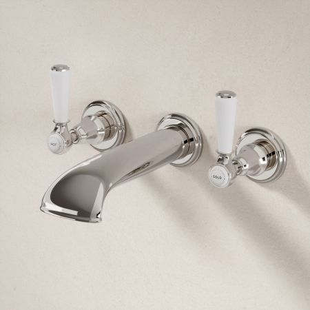 Linton Classic 3 Hole Bath Filler with White Levers in Polished Nickel