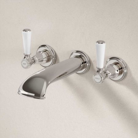 Linton - 3-Hole Bath Filler - Wall Mounted - White Lever - Nickel