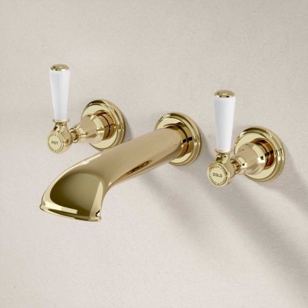 Linton - 3-Hole Bath Filler - Wall Mounted - White Lever - Timeless Brass