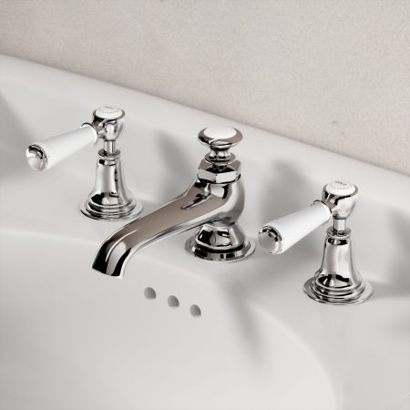 Linton Classic 3 Hole Basin Mixer with Pop Up Waste & White Levers - Chrome