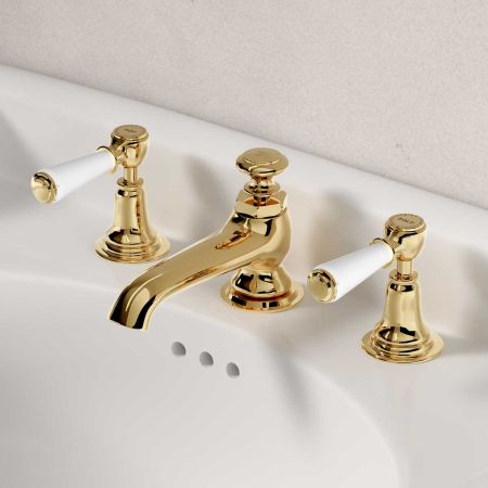 Linton White Lever 3 Hole Basin Mixer C/W Pop Up Waste Brass