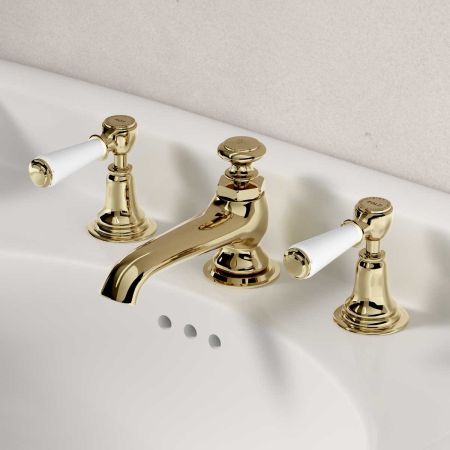 Linton White Lever 3 Hole Basin Mixer C/W Pop Up Waste Timeless Brass