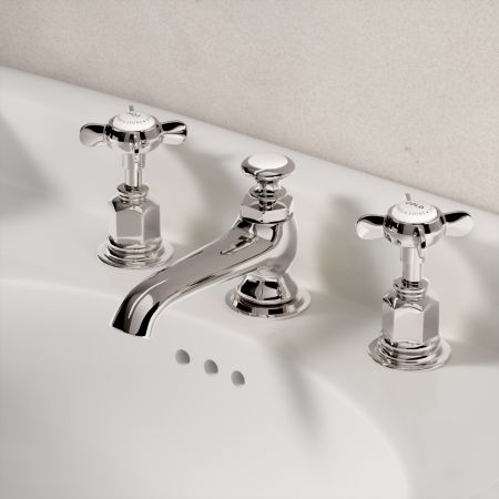Linton Classic 3 Hole Basin Mixer with Pop Up Waste & Crossheads - Polished Nickel