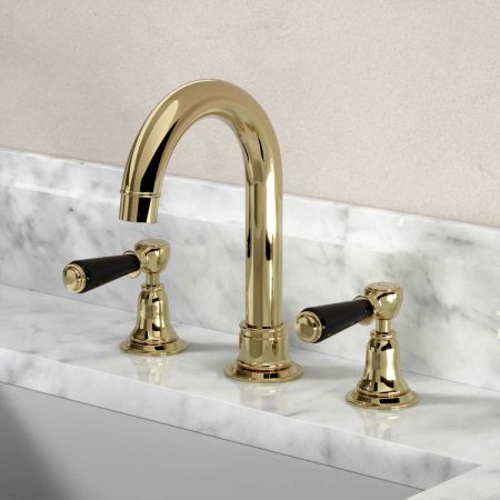 Linton 3 Hole Basin Mixer - Swan Neck Spout - Black Lever - Timeless Brass Finish