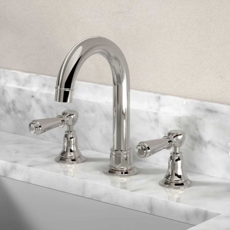 Linton 3 Hole Basin Mixer - Swan Neck Spout - Metal Lever - Polished Nickel Finish