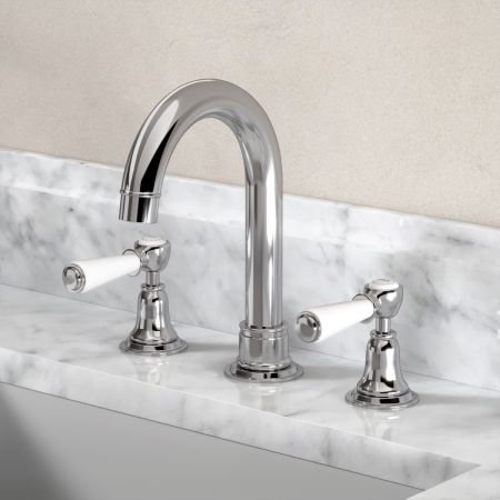 Linton Classic 3 Hole Basin Mixer with Swan Neck Spout & White Levers in Chrome