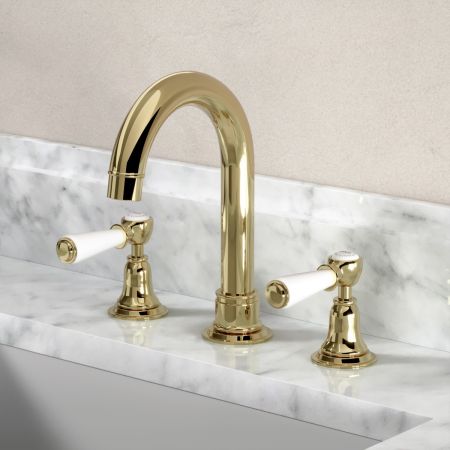 Linton Classic 3 Hole Basin Mixer with Swan Neck Spout & White Levers in Timeless Brass