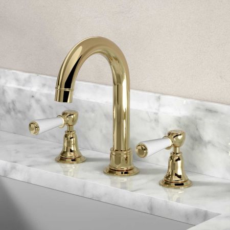Linton 3 Hole Basin Mixer - Swan Neck Spout - White Lever - Timeless Brass Finish