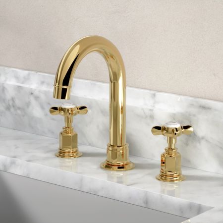 Linton Classic 3 Hole Basin Mixer - Swan Neck Spout - Crosshead - Living Brass Finish