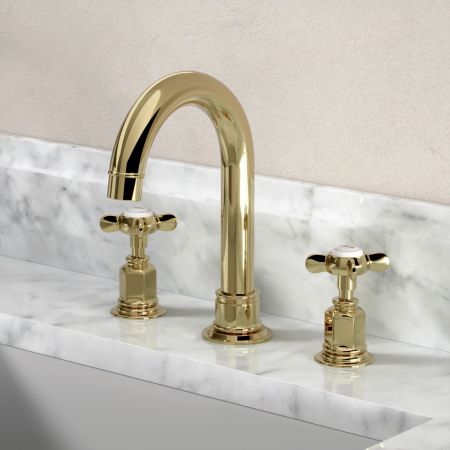 Linton Classic 3 Hole Basin Mixer with Swan Neck Spout & Crossheads in Timeless Brass