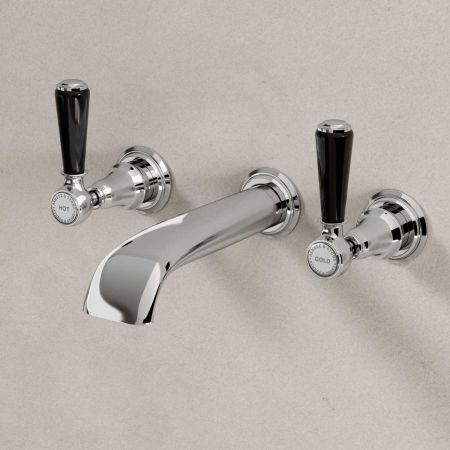 Linton - 3-Hole Basin Mixer - Wall Mounted - Black Lever - Chrome