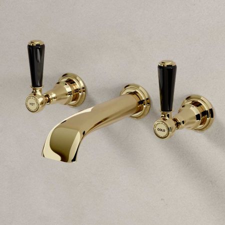 Linton - 3-Hole Basin Mixer - Wall Mounted - Black Lever - Timeless Brass