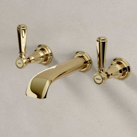 Linton - 3-Hole Basin Mixer - Wall Mounted - Metal Lever - Timeless Brass