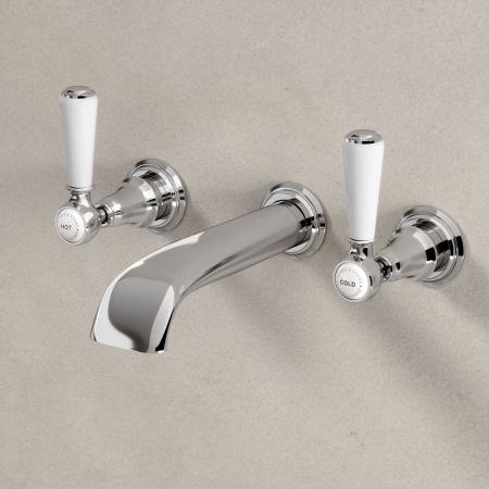 Linton Classic Wall Mounted 3 Hole Basin Mixer with White Levers in Chrome