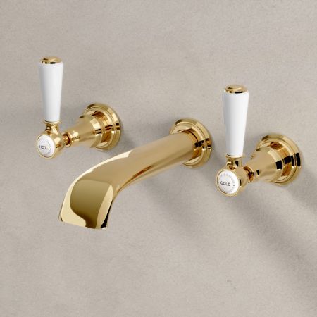 Linton Classic Wall Mounted 3 Hole Basin Mixer with White Levers in Living Brass