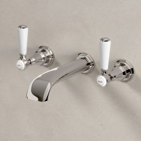 Linton Classic Wall Mounted 3 Hole Basin Mixer with White Levers in Polished Nickel
