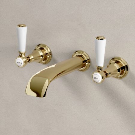 Linton Classic Wall Mounted 3 Hole Basin Mixer with White Levers in Timeless Brass