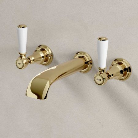 Linton - 3-Hole Basin Mixer - Wall Mounted - White Lever - Timeless Brass