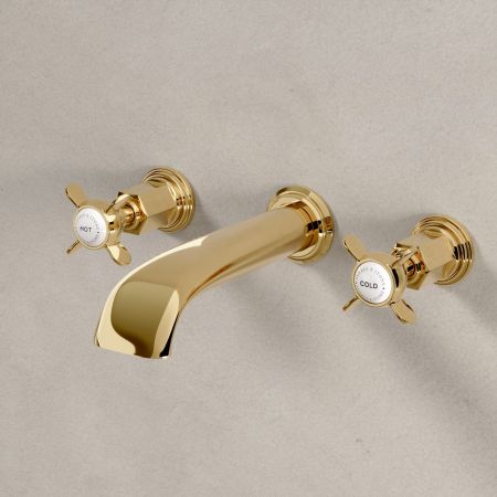 Linton Classic Wall Mounted 3 Hole Basin Mixer with Crossheads in Living Brass
