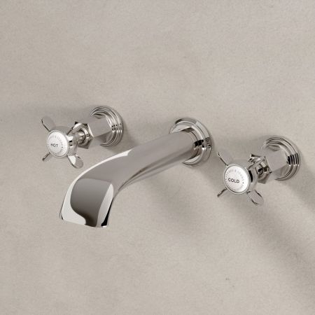 Linton Classic Wall Mounted 3 Hole Basin Mixer with Crossheads in Polished Nickel