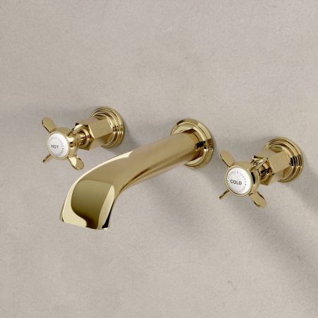 Linton Classic Wall Mounted 3 Hole Basin Mixer with Crossheads in Timeless Brass