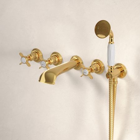 Linton Classic 5-Hole - Wall Mounted - Bath Shower Mixer - X Top - Living Brass