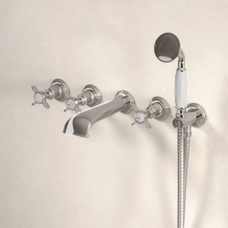Linton Classic 5 Hole Bath Shower Mixer with Crossheads in Polished Nickel