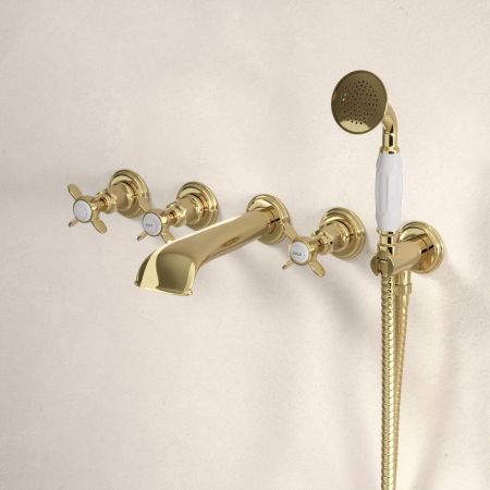 Linton Classic 5 Hole Bath Shower Mixer with Crossheads in Timeless Brass