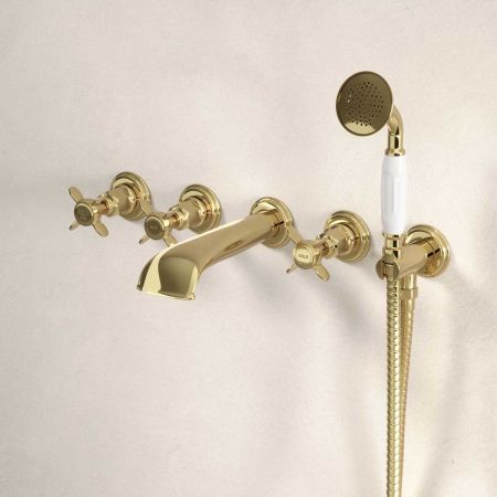 Aysgarth 5-Hole - Wall Mounted - Bath Shower Mixer - X Top - Timeless Brass