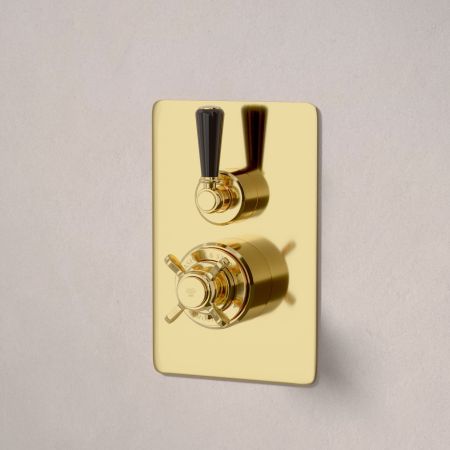 Calder Concealed Shower Valve, Shower Arm and 6 inch Ceiling Mounted Rose Living Brass Black Lever