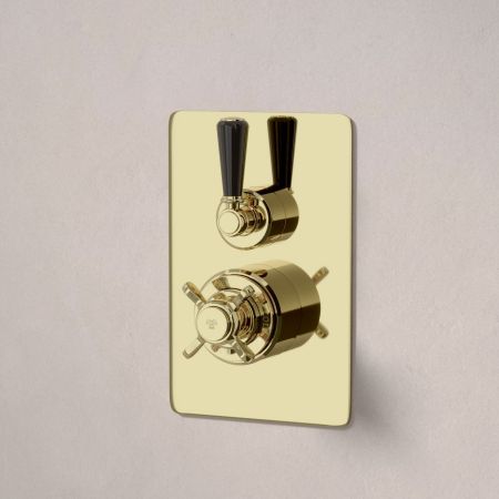 Calder Concealed Shower Valve, Shower Arm and 6 inch Ceiling Mounted Rose Timeless Brass Black Lever