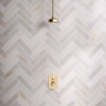 Linton Classic Single Outlet Concealed Shower with 210mm Ceiling Arm, 6" Rose & White Levers in Living Brass