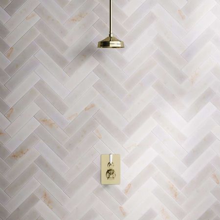 Calder Concealed Shower Valve, Shower Arm and 8 inch Ceiling Mounted Rose White Lever Timeless Brass