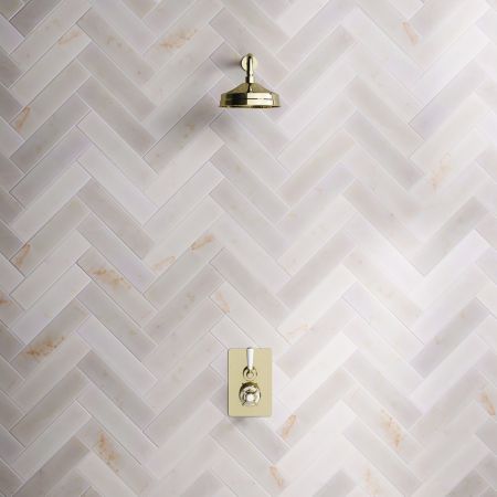 Calder Concealed Shower Valve, Shower Arm and 8 inch Rose White Lever Timeless Brass