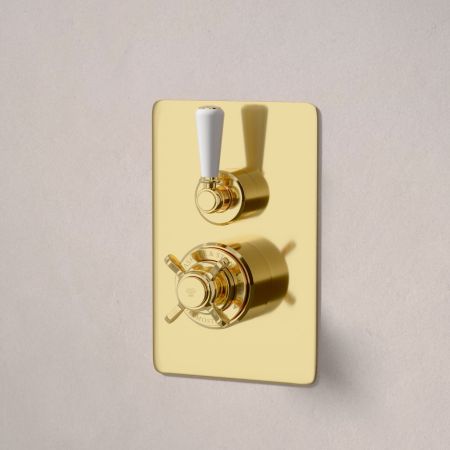 Calder Concealed Shower Valve, Shower Arm and 6 inch Ceiling Mounted Rose White Lever Living Brass White Lever
