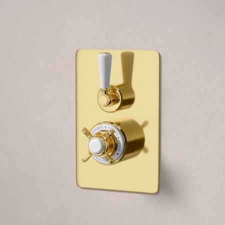 Linton Classic Concealed Shower Valve, Shower Arm and 6 inch Ceiling Mounted Rose White Lever Living Brass White Lever