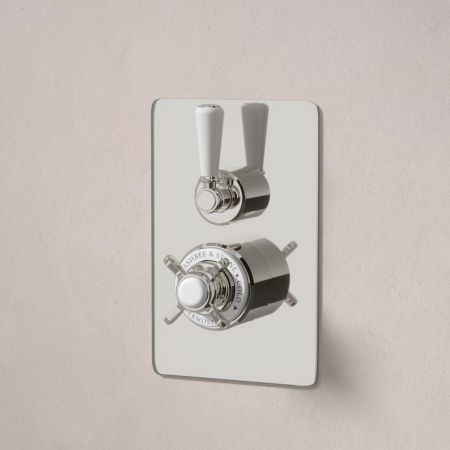 Linton Single Outlet Concealed Shower with 210mm Ceiling Arm & 6" Rose - White Lever & Ceramics - Polished Nickel