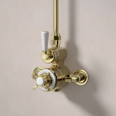 Calder Exposed Shower Valve with Rigid Riser and 8 Inch Rose - White Lever - Timeless Brass