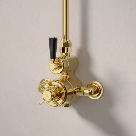 Calder Exposed Shower Valve with Rigid Riser and 8 Inch Rose - Black Lever - Living Brass