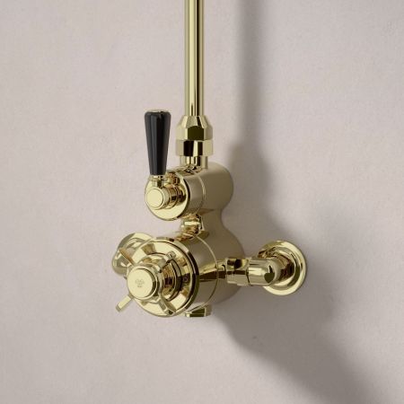 Calder Exposed Shower Valve with Rigid Riser and 8 Inch Rose - Black Lever - Timeless Brass